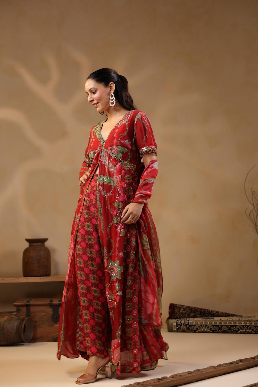 Red Georgette Cut-Dana & Beads Embroidered 3-Piece Suit Set