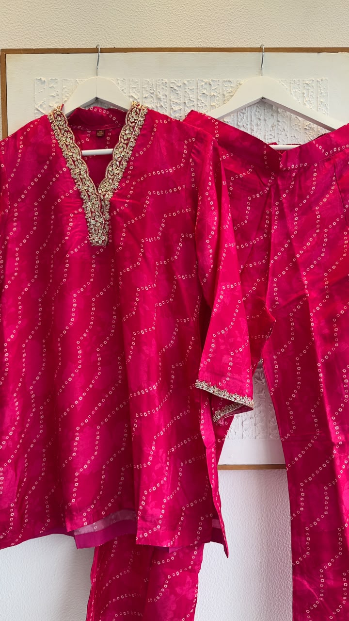 Trendy ethnic fusion Bandhani silk co ord set lining in both top & bottom