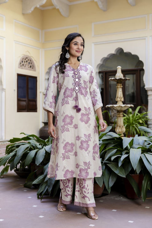 Purple cotton real mirror kurta pant