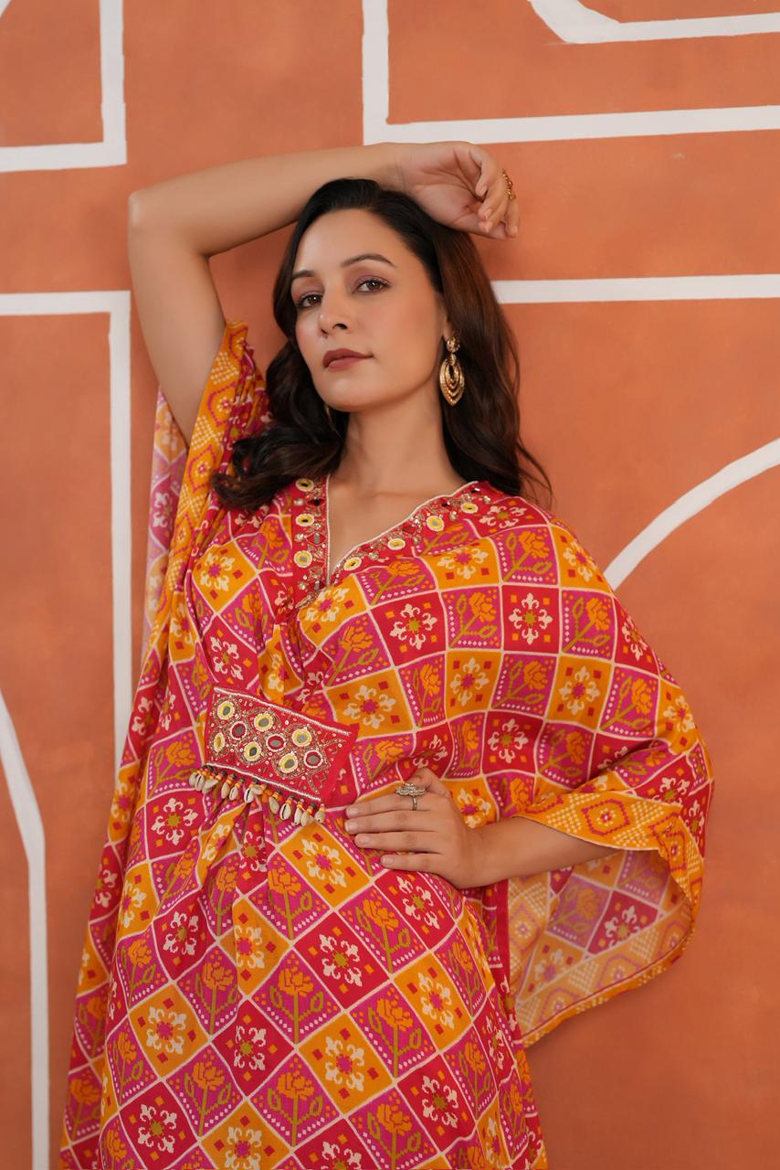 Orange pink Patola muslin silk kaftan pants with real mirror handwork detailing