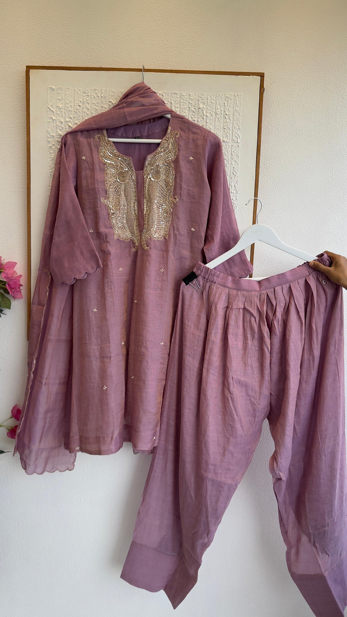 Luxe tissue chandari  Farshi pants with short straight kurta  suit
