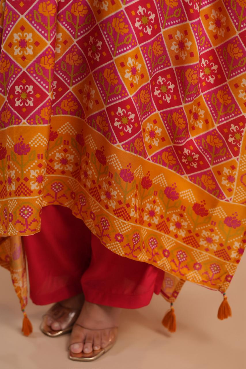 Orange pink Patola muslin silk kaftan pants with real mirror handwork detailing