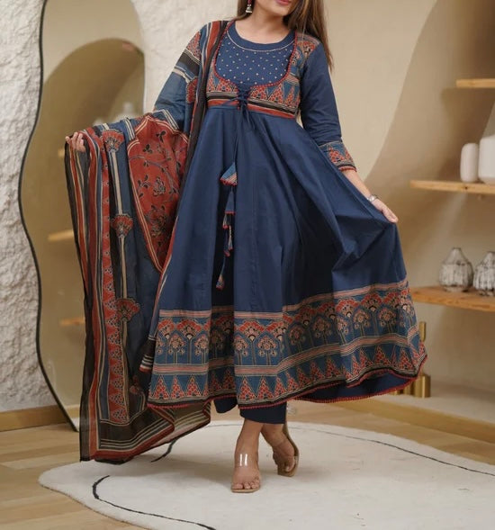 Ajrakh blue cotton Anarkali
