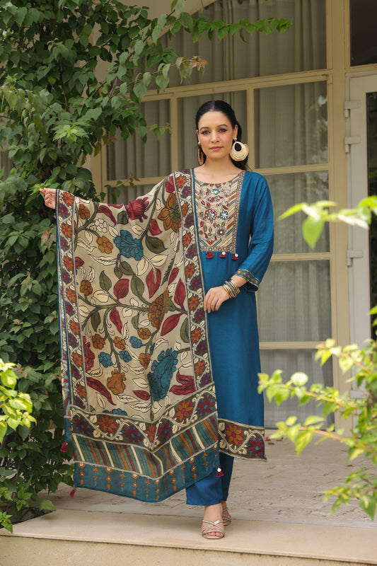Blue silk Kamkari suit