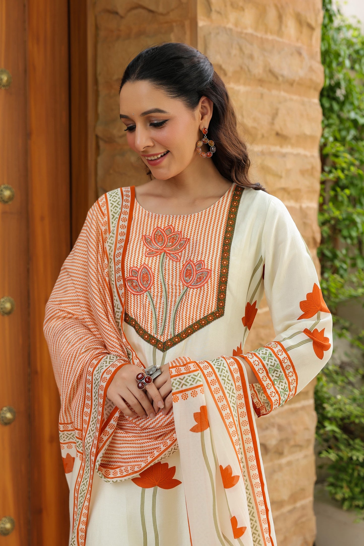 Digital orange  silk straight suit