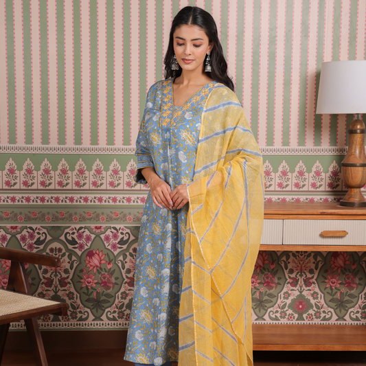 Blue Printed Modal Gota Patti Embroidered
Suit Set