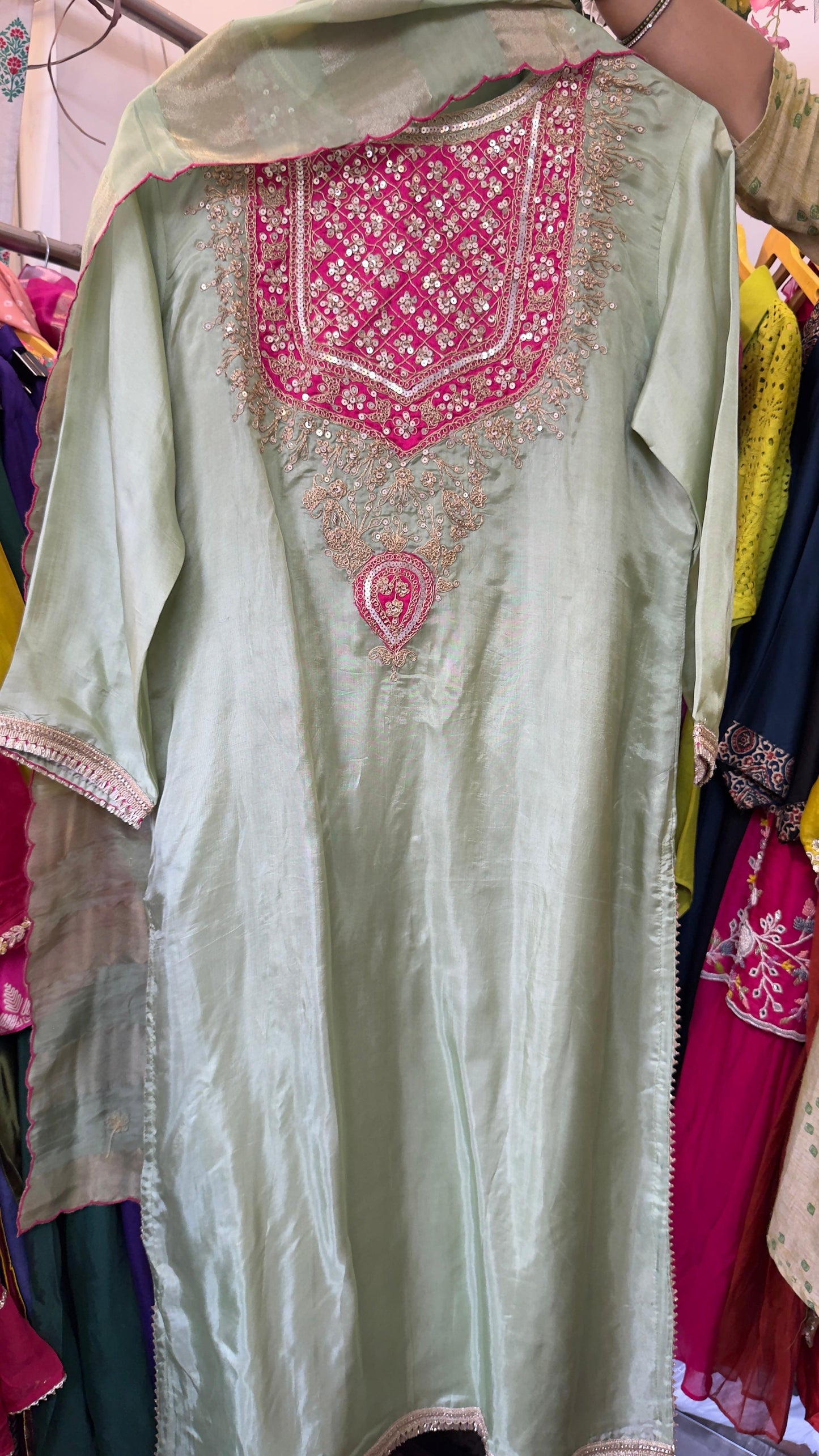 Ethnic style in pure crepe suit with tissue dup & silk pants