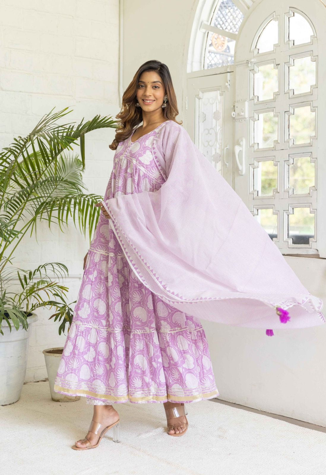 Preety green / purple cotton  layed anarkali