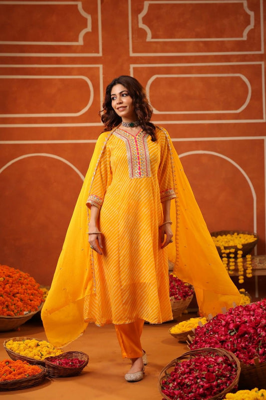 Yellow Georgette lehriya aline suit