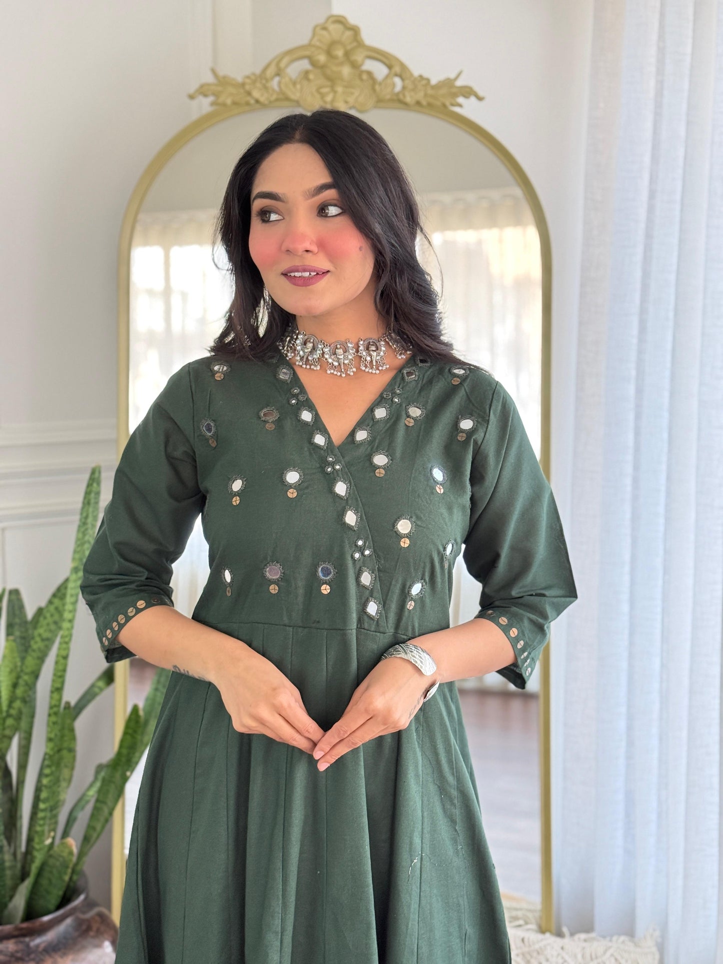 Bottle green Real mirror Anarkali