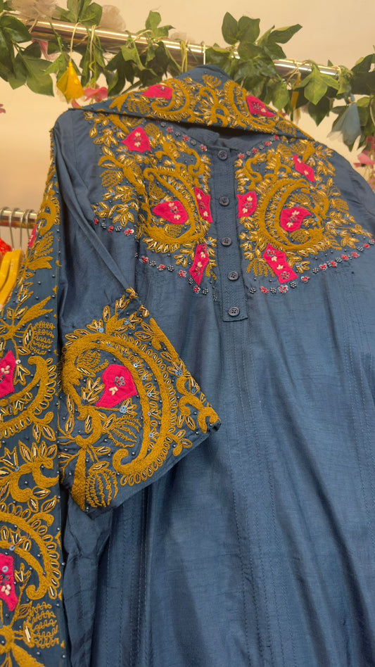 African blue handwork mul chandari suit