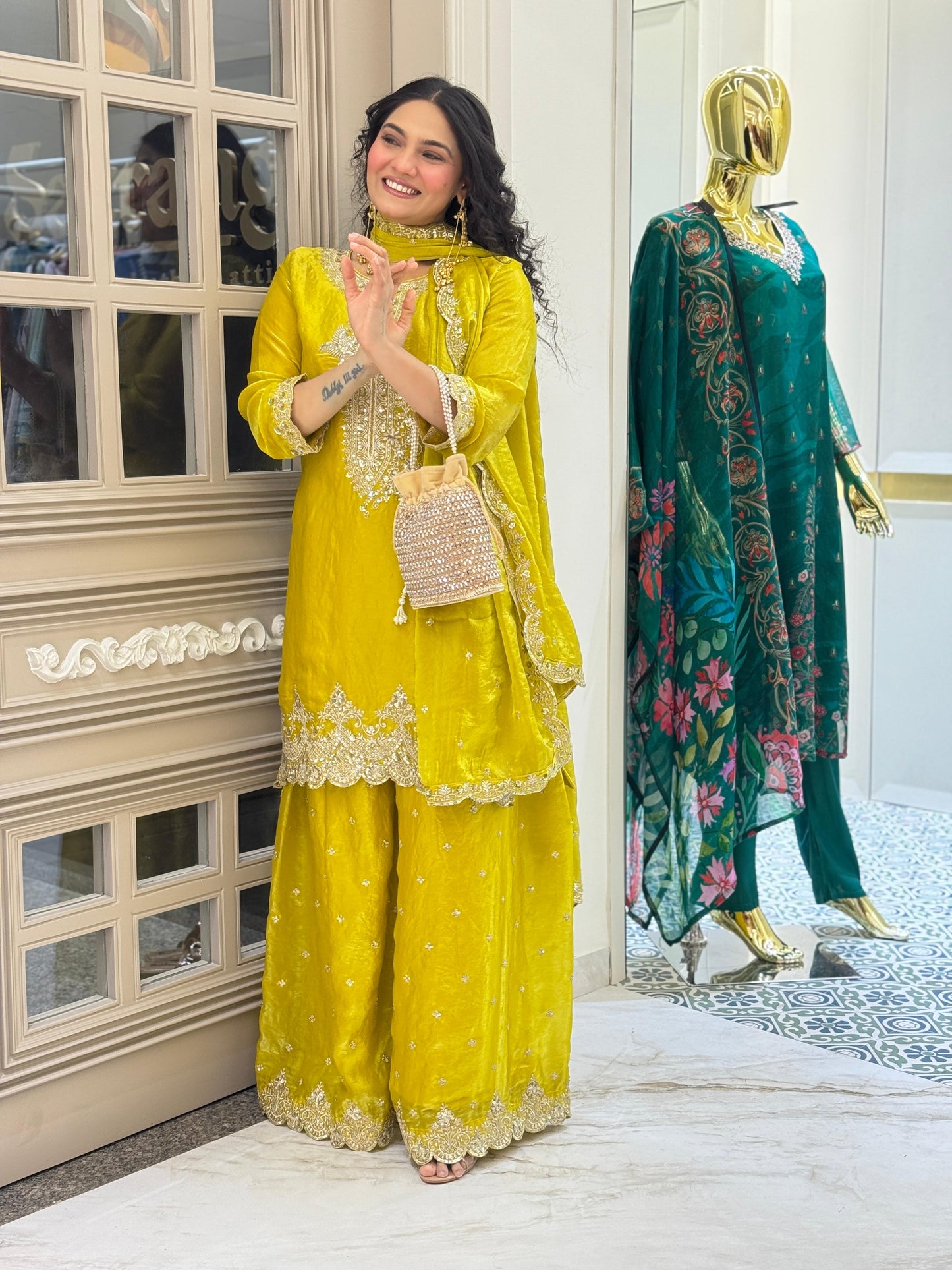 Yellow glass tissue sharara set