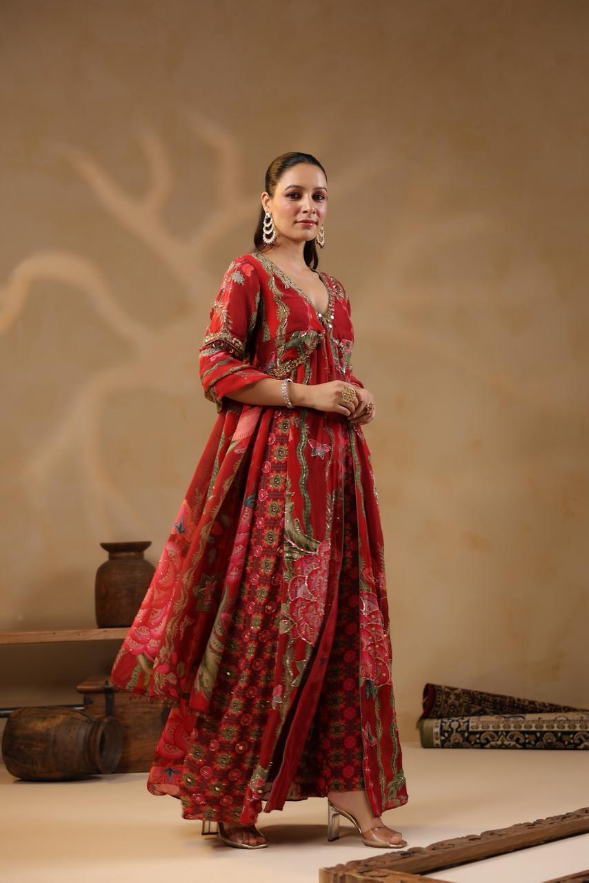 Red Georgette Cut-Dana & Beads Embroidered 3-Piece Suit Set