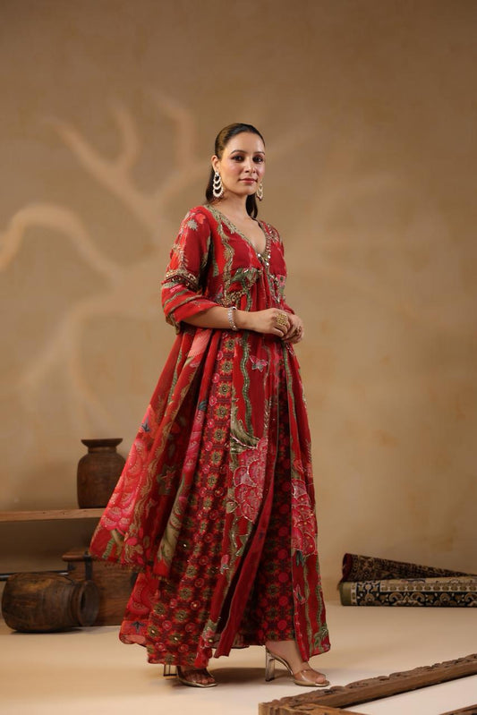 Red Georgette Cut-Dana & Beads Embroidered 3-Piece Suit Set
