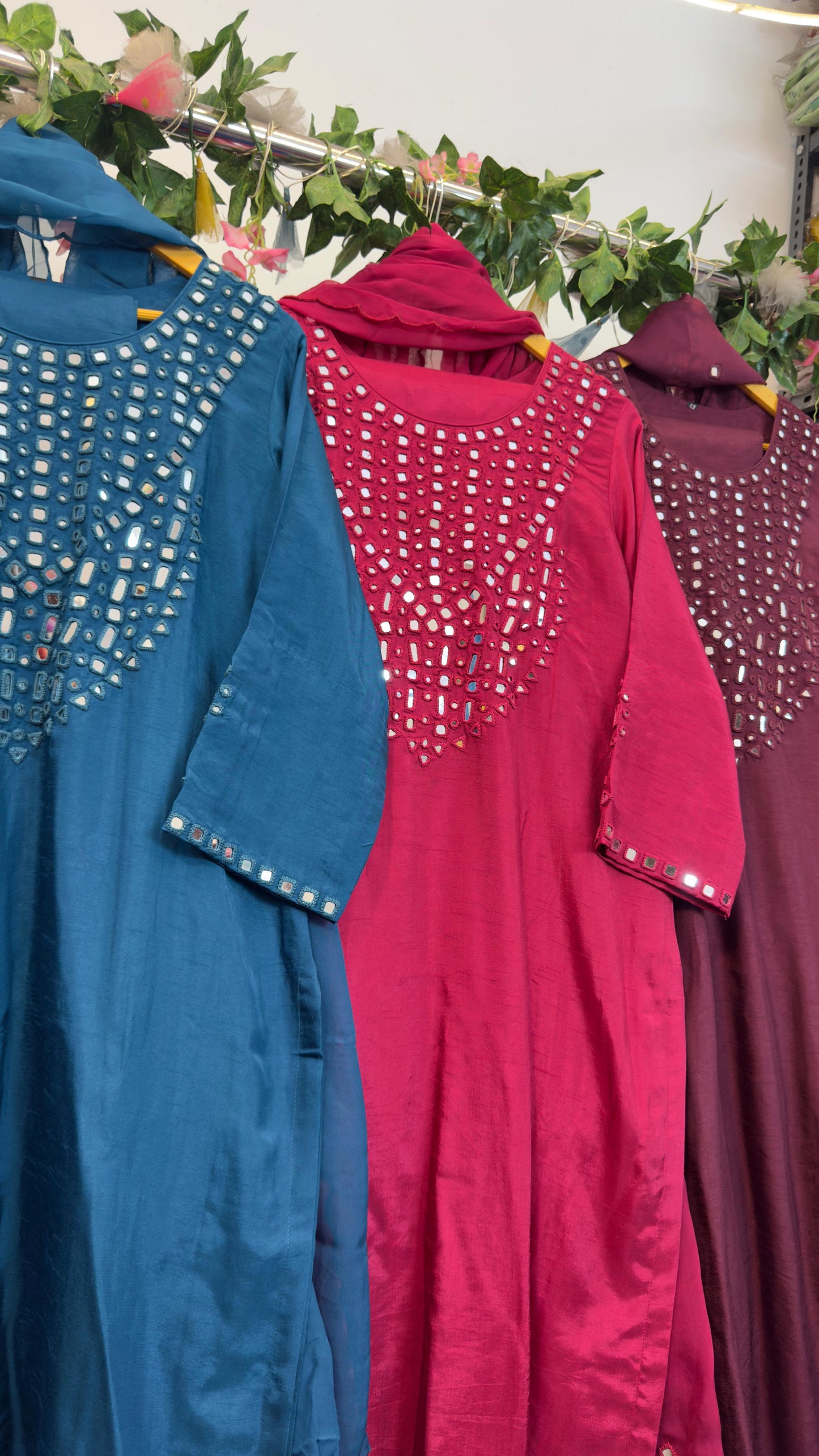 Real mirror work in pure silk staright kurta pant with organza Dupatta
