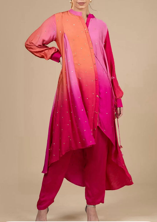 Dyed Mandarin
Collar Puff Sleeves A-Line Kurta with Trousers