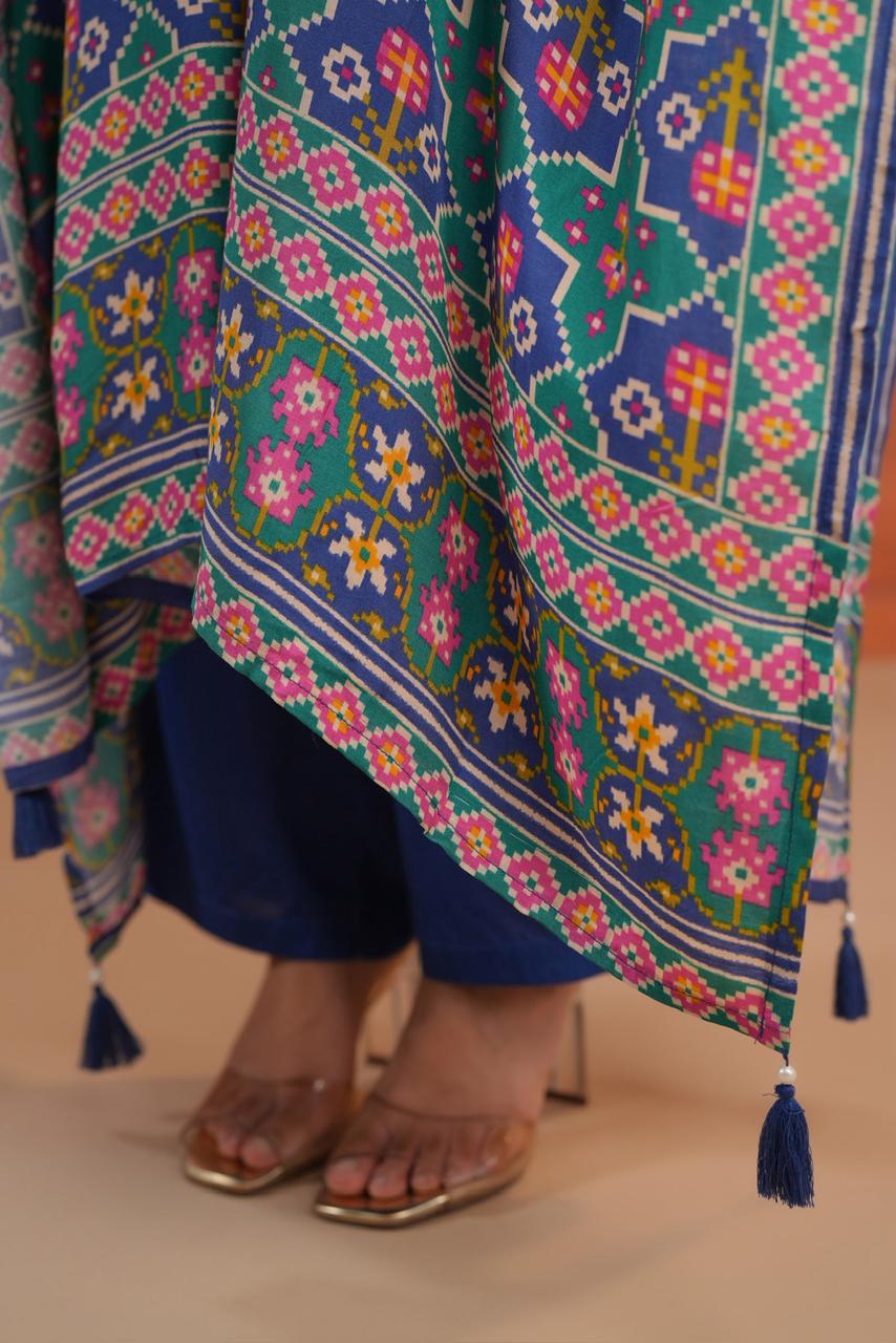 Blue Patola muslin silk kaftan pants with real mirror handwork detailing