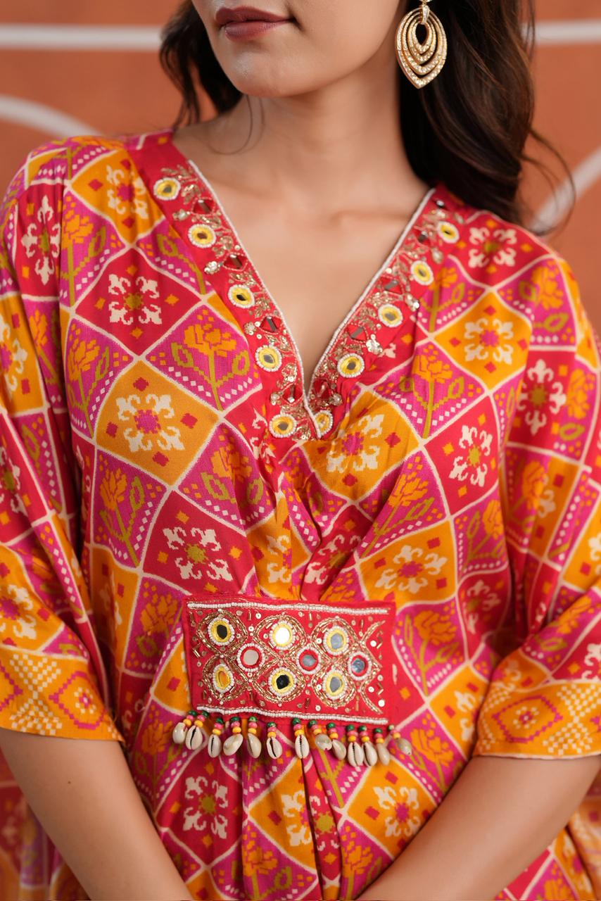 Orange pink Patola muslin silk kaftan pants with real mirror handwork detailing