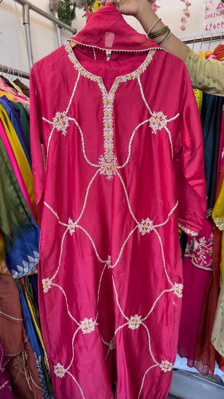 Jal Dan ka work chandari silk suit with organza dup and pants