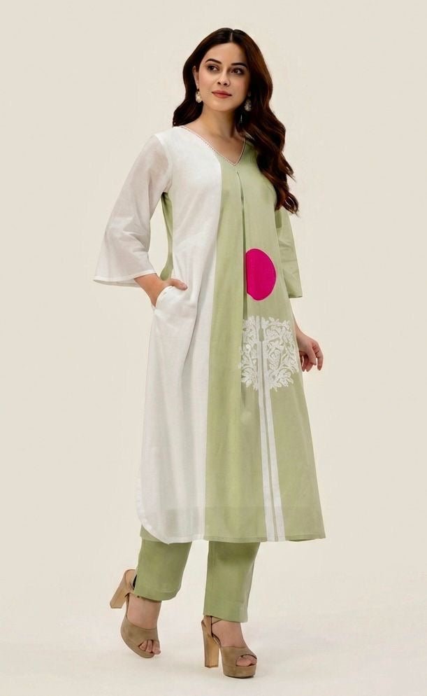 Green premium cotton kurta pant set with lining