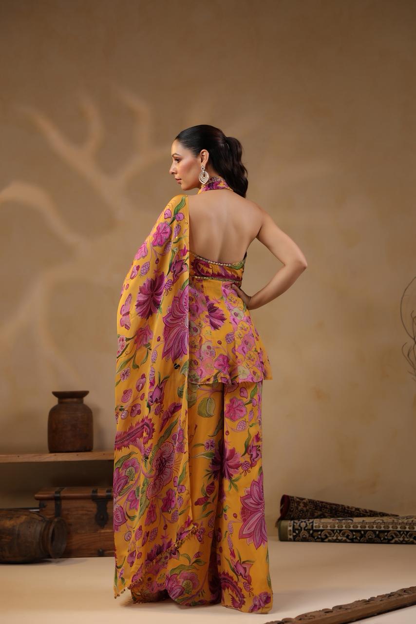 Mustard Georgette Floral Printed Mirror Embellished Suit Set