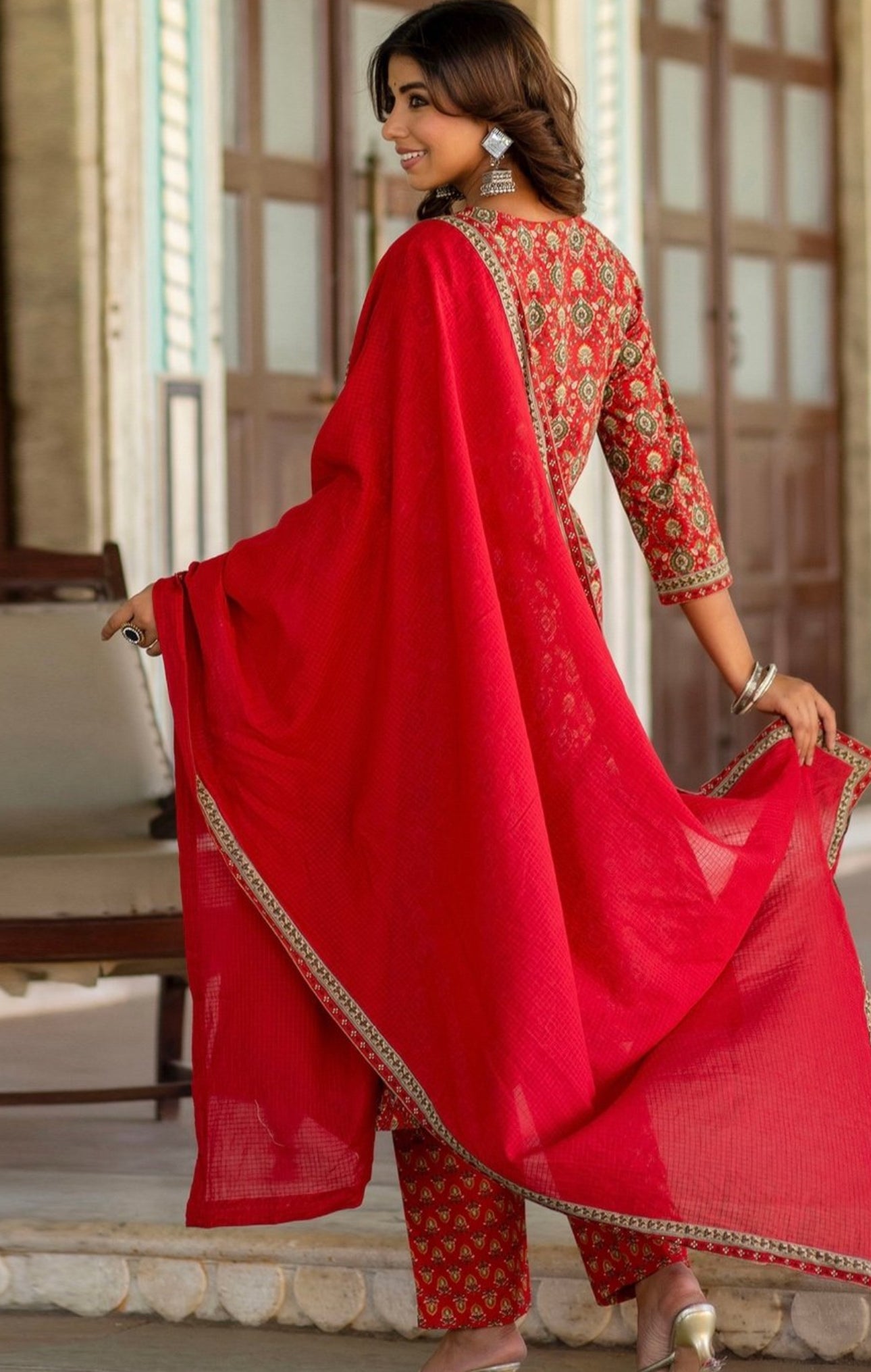 Red cotton kota doria suit