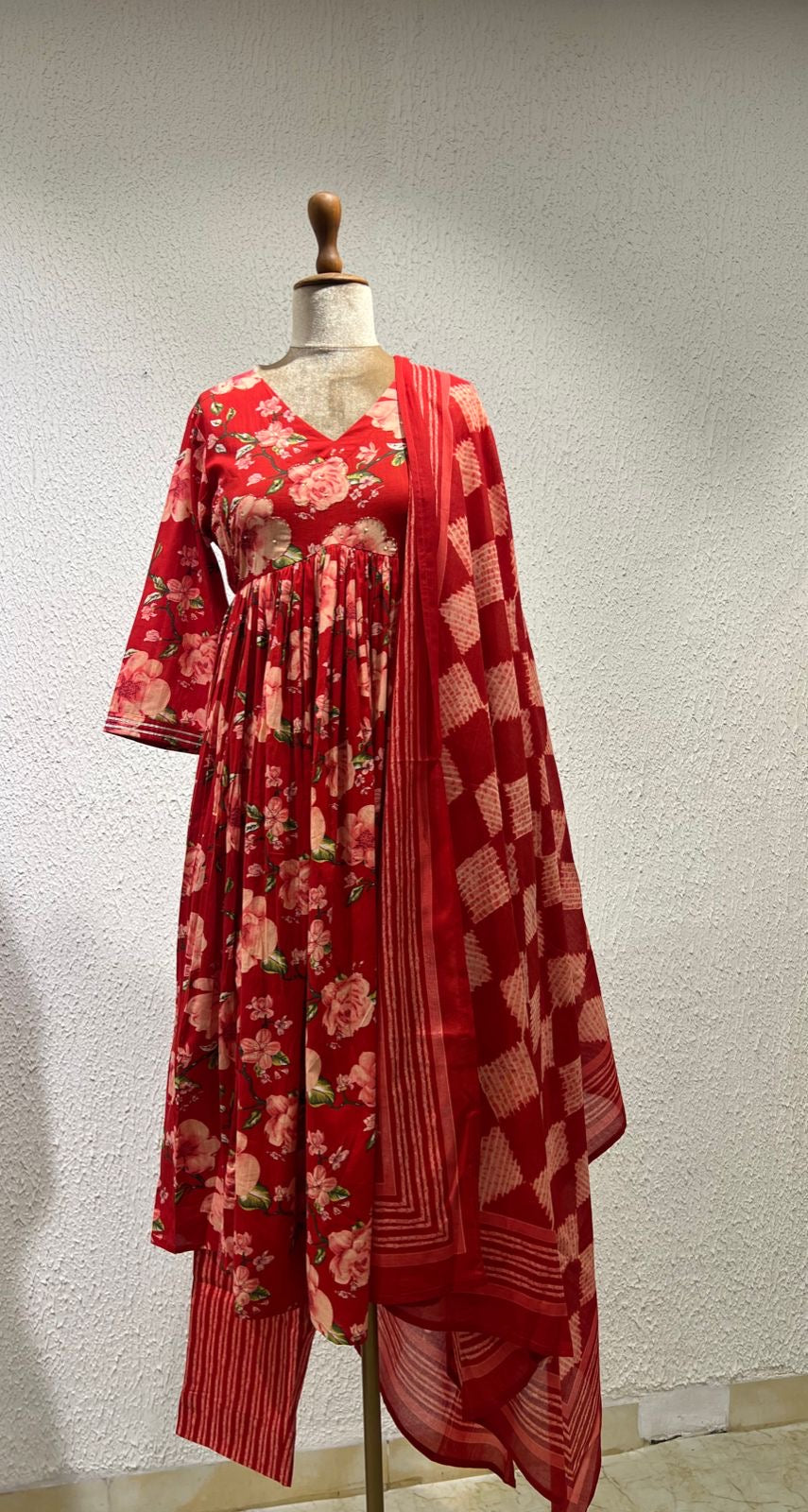 Cotton floral red Anarkali