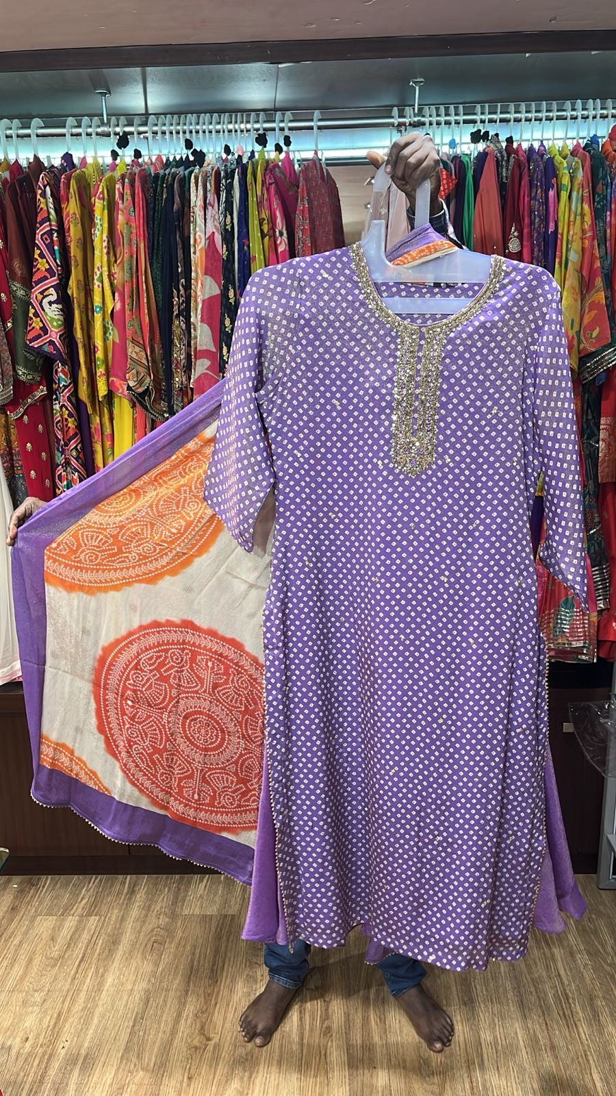 Purple tissue Bandhani divider set