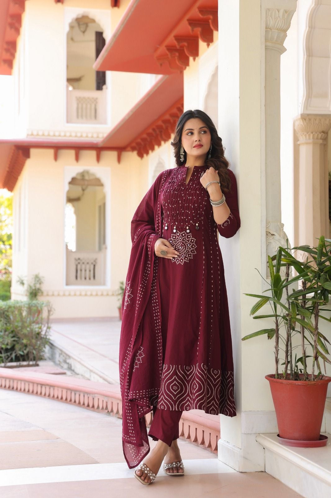 Maroon cotton Bandhani real mirror work detailing