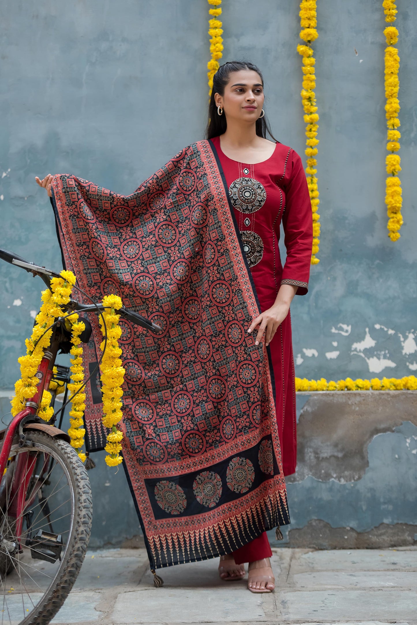 Kutch maroon handling cotton kurta pant with Ajrakh dupatta