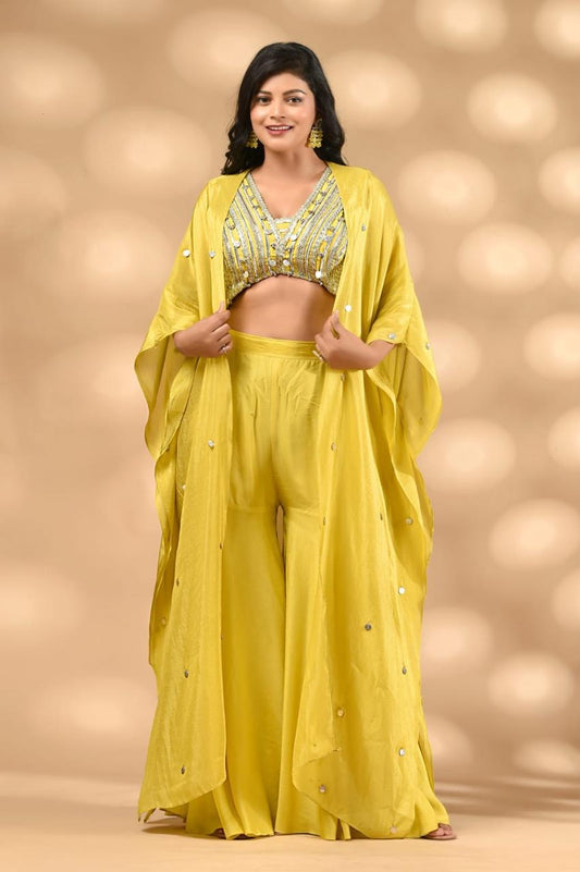 Yellow Tissue Indo western desiber blouse with cape & sharara