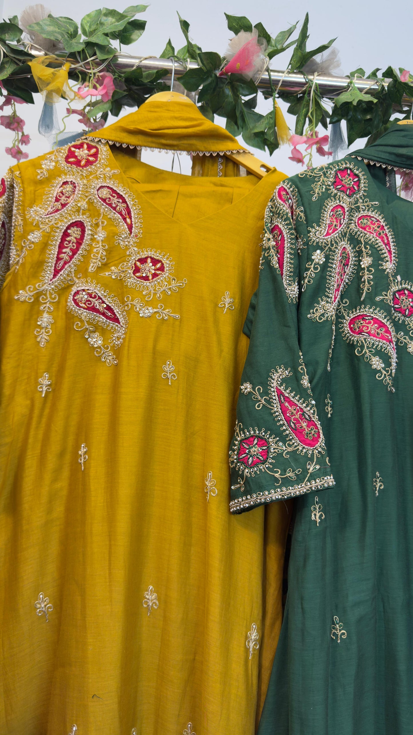 Silk appliqué Aline suit with mul chandari Dupatta and cotton silk pants