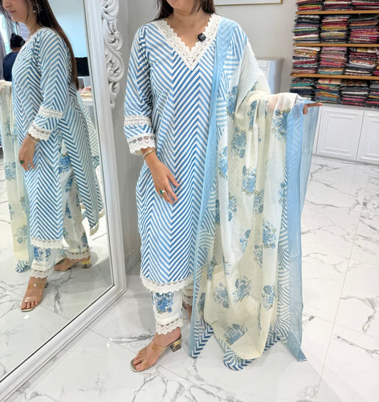 Phool blue Leheriya cotton Set