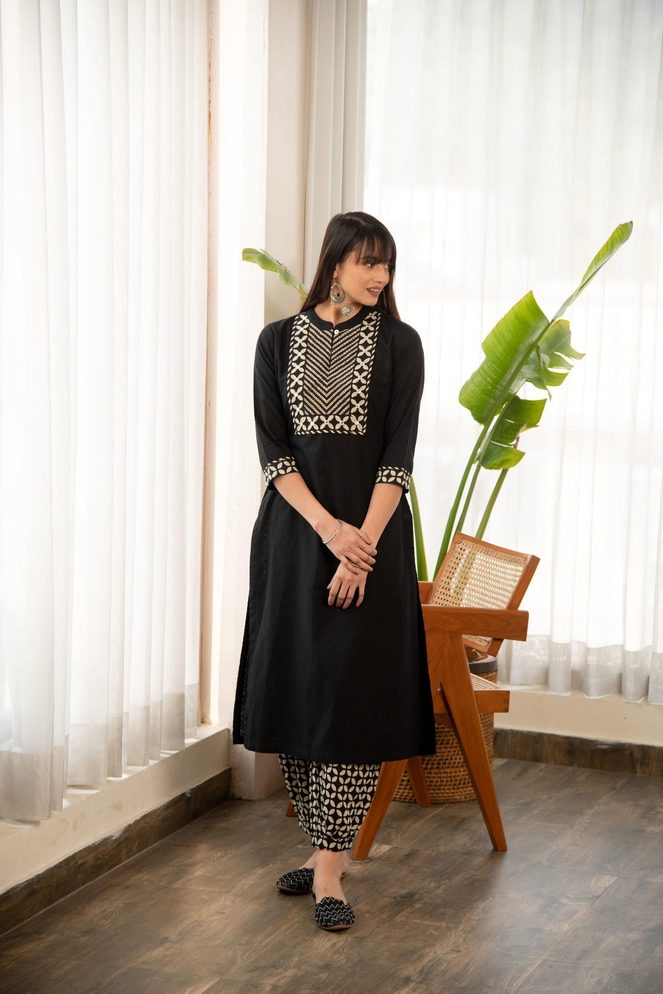 Black Dobby Straight Kurta with Printed Afghani bottom