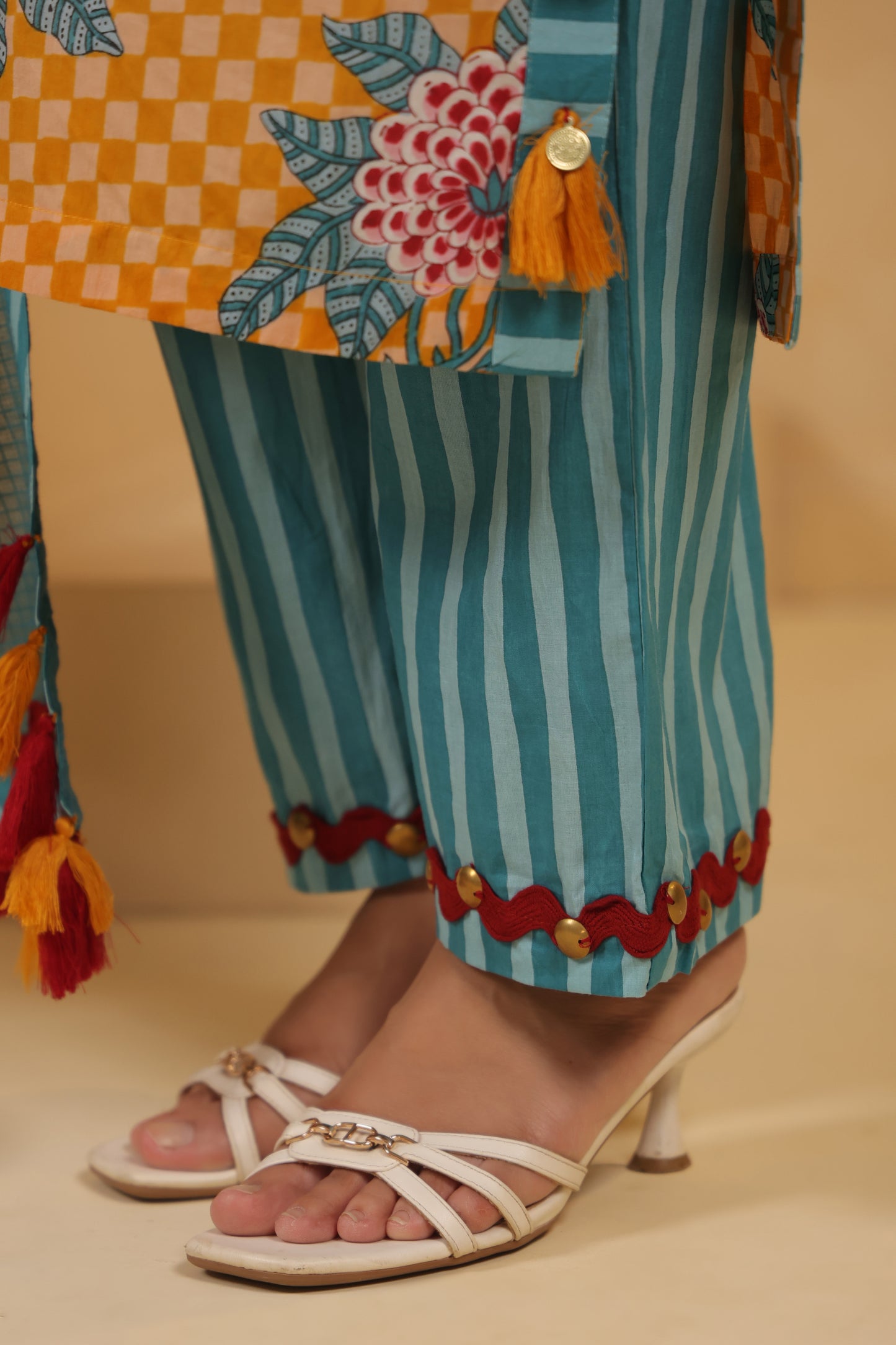 Yellow  Gomertical cotton premium suit with beautiful detailing & kota doria dupatta