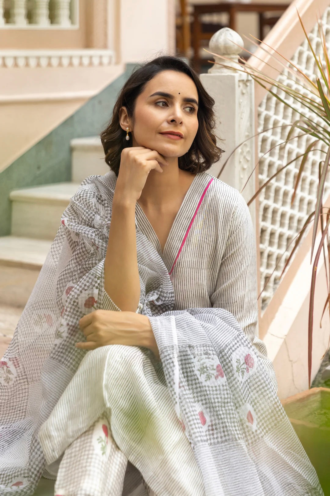 CHANDERI SILK STRIPES BLOCK PRINT KURTA SET IN SHADES OF IVORY & GREY