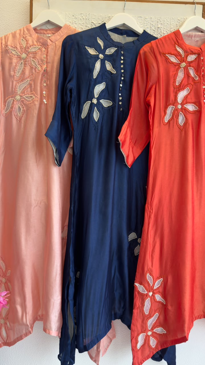 Appliqué premium silk kurta pant set with pearl work