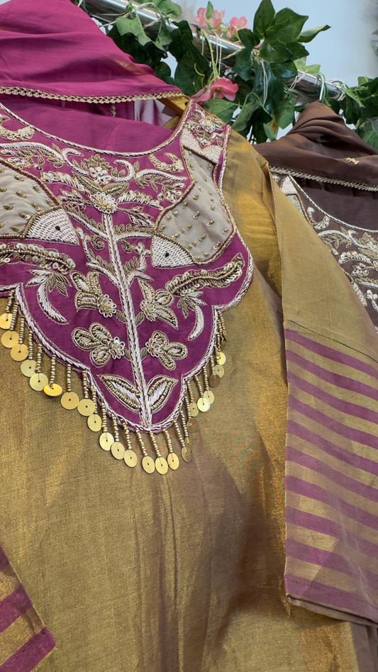 Trendy tissue staright suit with organza dup and silk pants