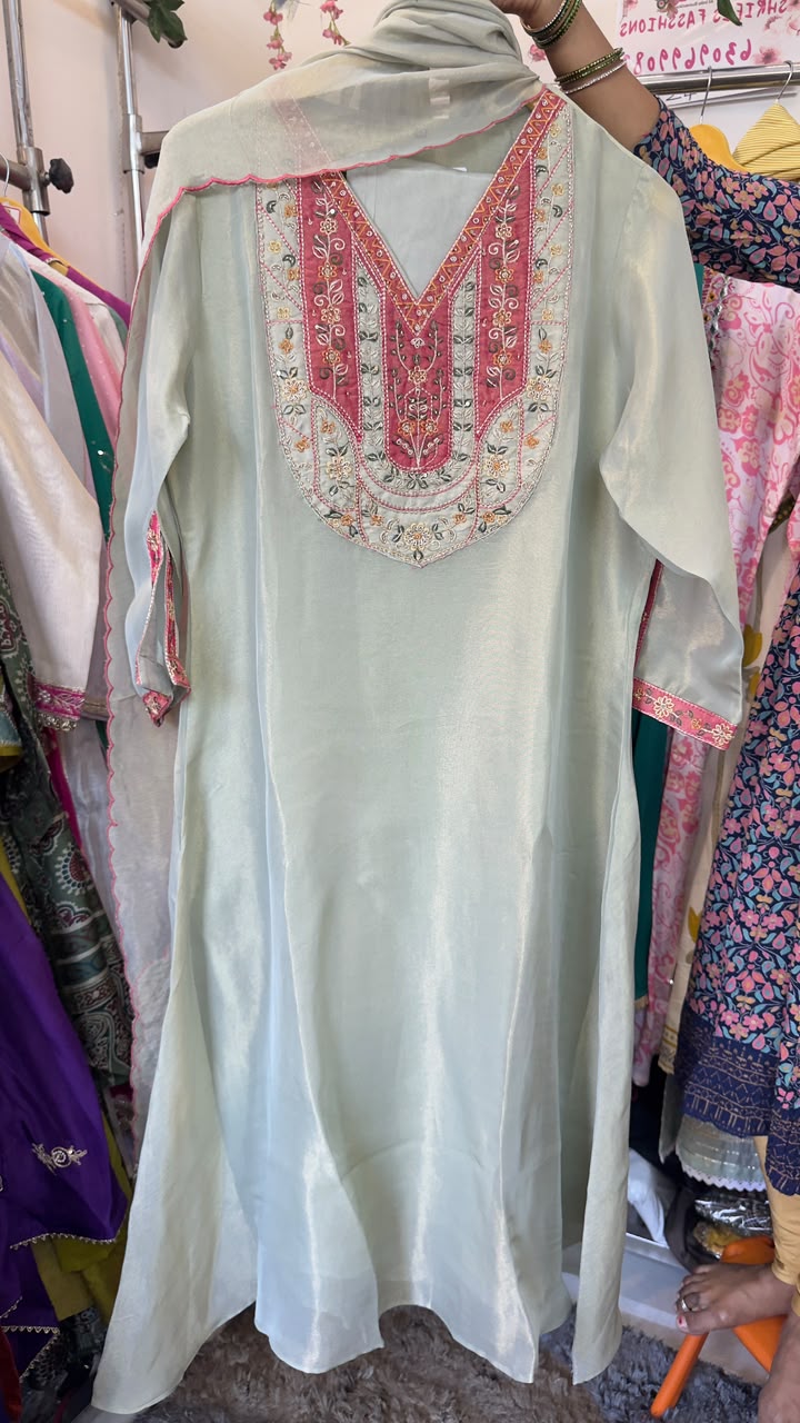 Soft pista green tissue Aline suit with beautiful handwork