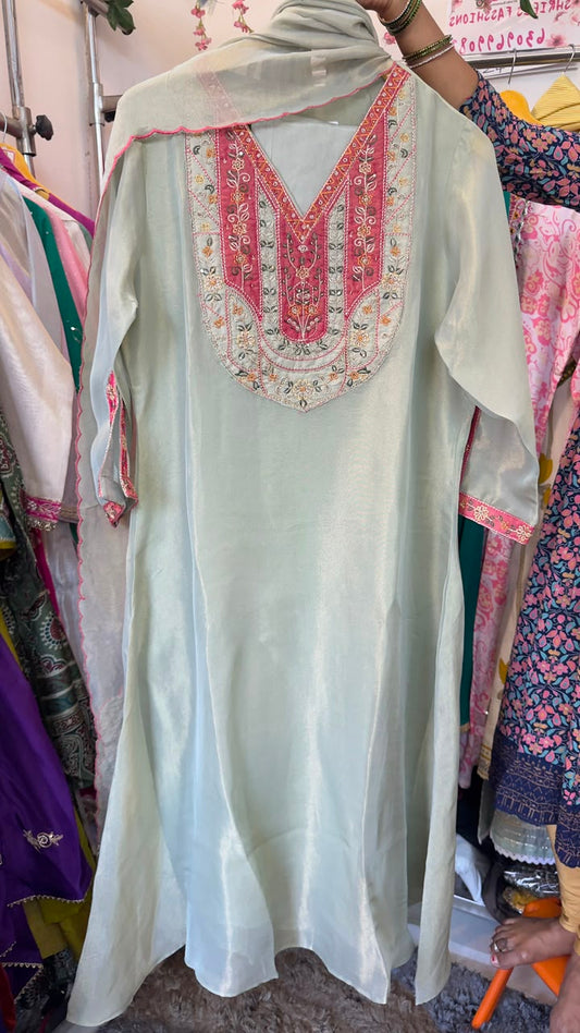 Soft pista green tissue Aline suit with beautiful handwork