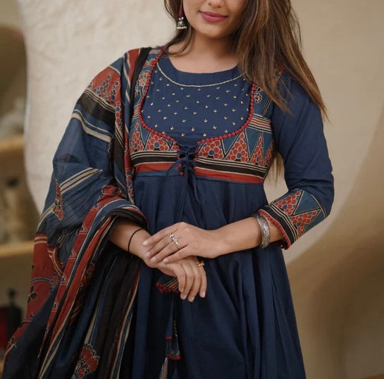 Ajrakh blue cotton Anarkali