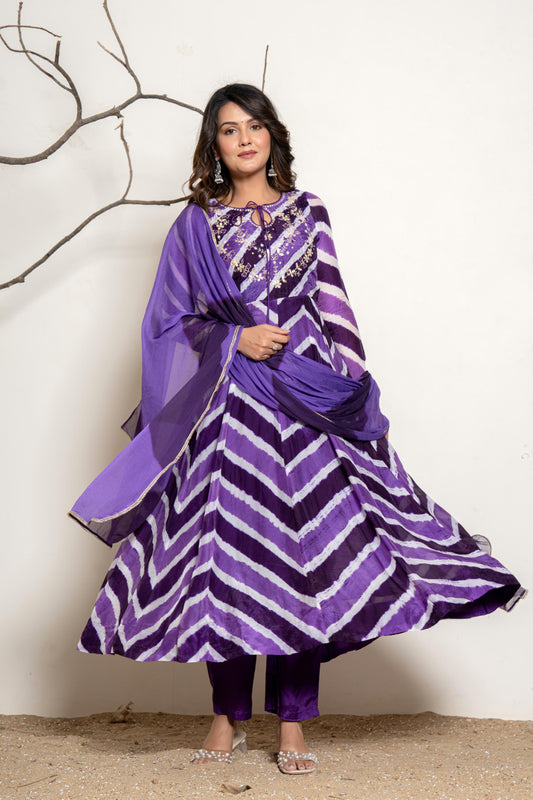Purple lehriya crepe Anarkali