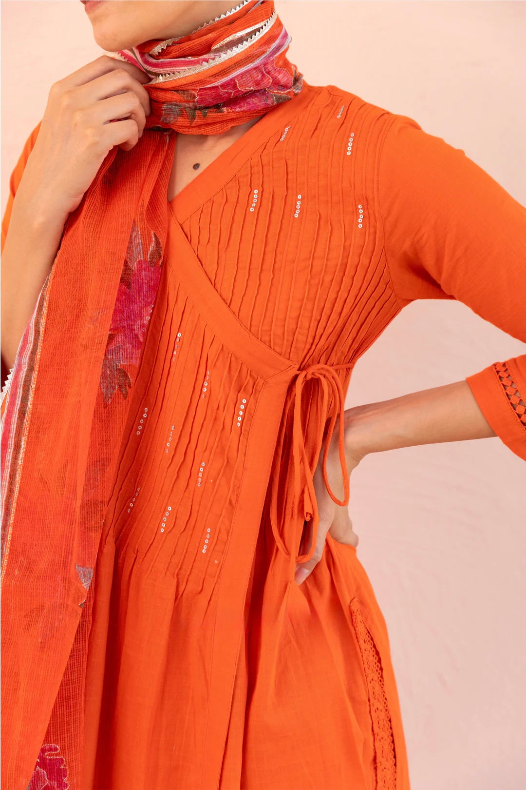 Fanta orange COTTON SLUB PLAIN DYE ANGRAKHA KURTA SET IN GOLD FLAME