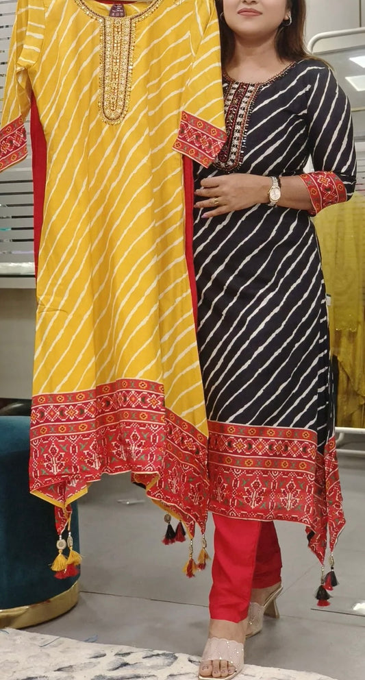 Yellow/Black lehriya silk ethnic kurta pant
