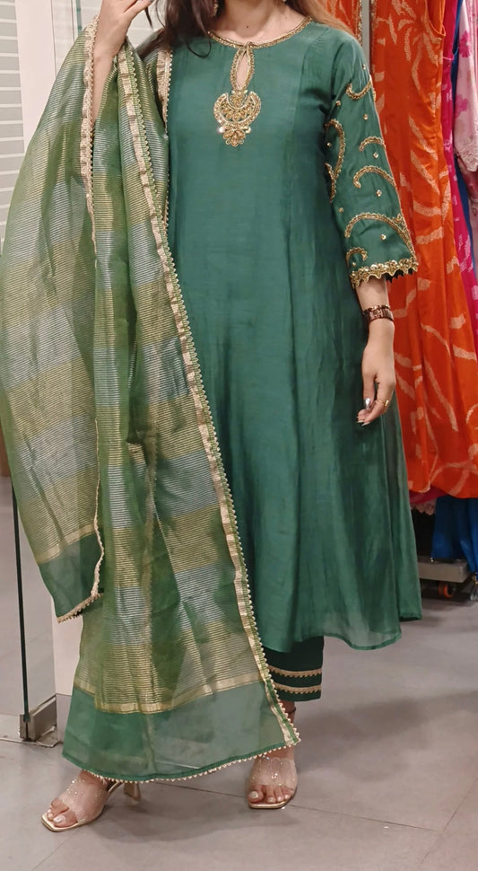 Beautiful Embroidered Mul Chanderi A-line Full Suit Set with Tissue Dupatta