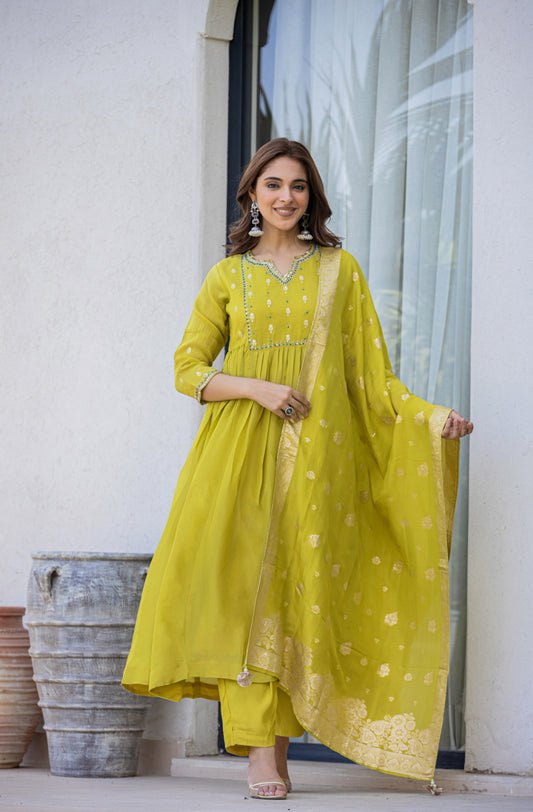 Green organza tissue Anarkali