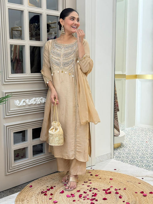 Light brown real pocket Dola silk suit with zari handwork paired with organza Dupatta silk pants