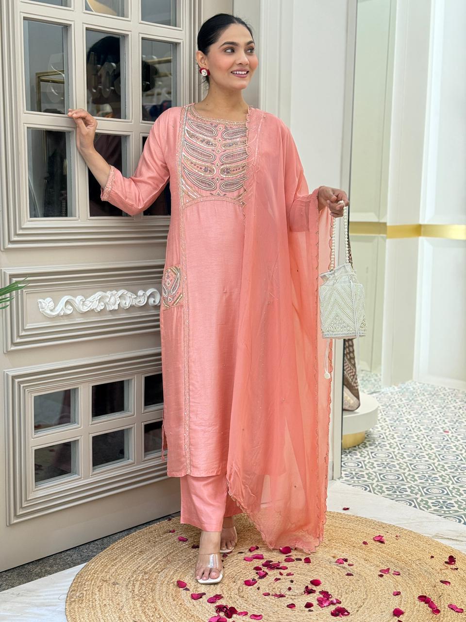 Peach pink real pocket Dola silk suit with zari handwork paired with organza Dupatta silk pants