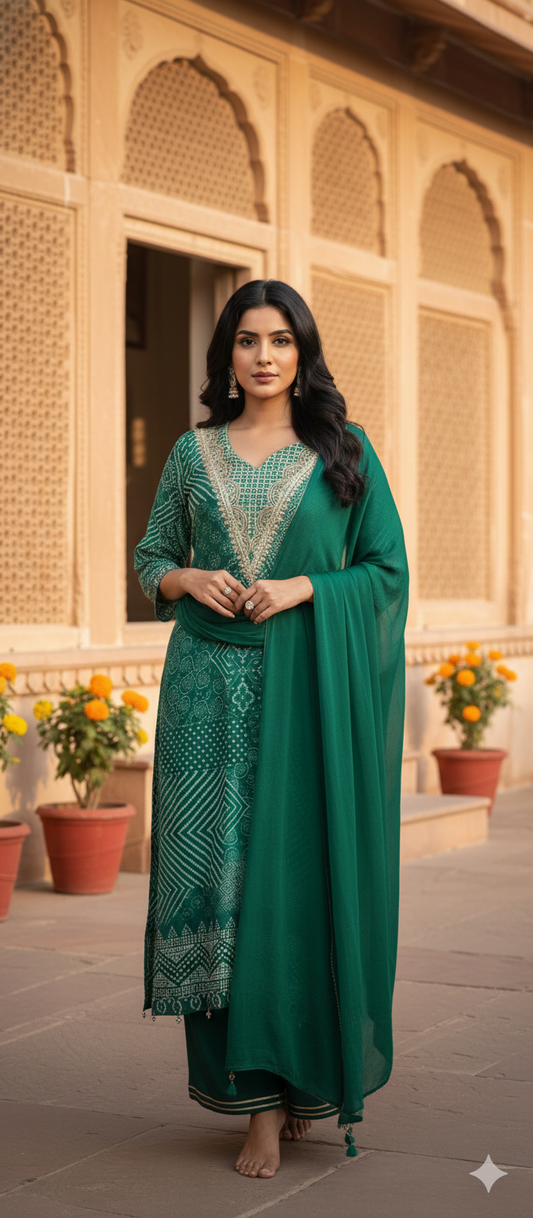 Green Bandhani crepe aline suit with chiffon Dupatta and palzoo
