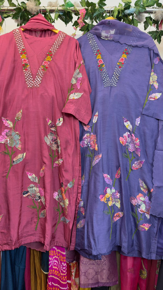 Blush pink V neck real mirror silk appliqué suit